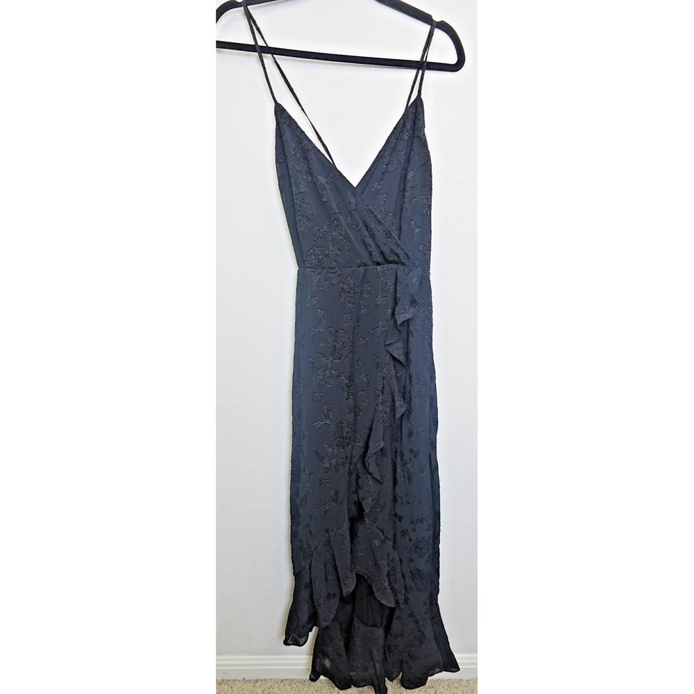 Lulus Maxi Dress Women Large Black Floral Jacquard Ruffle V-Neck DSA6577